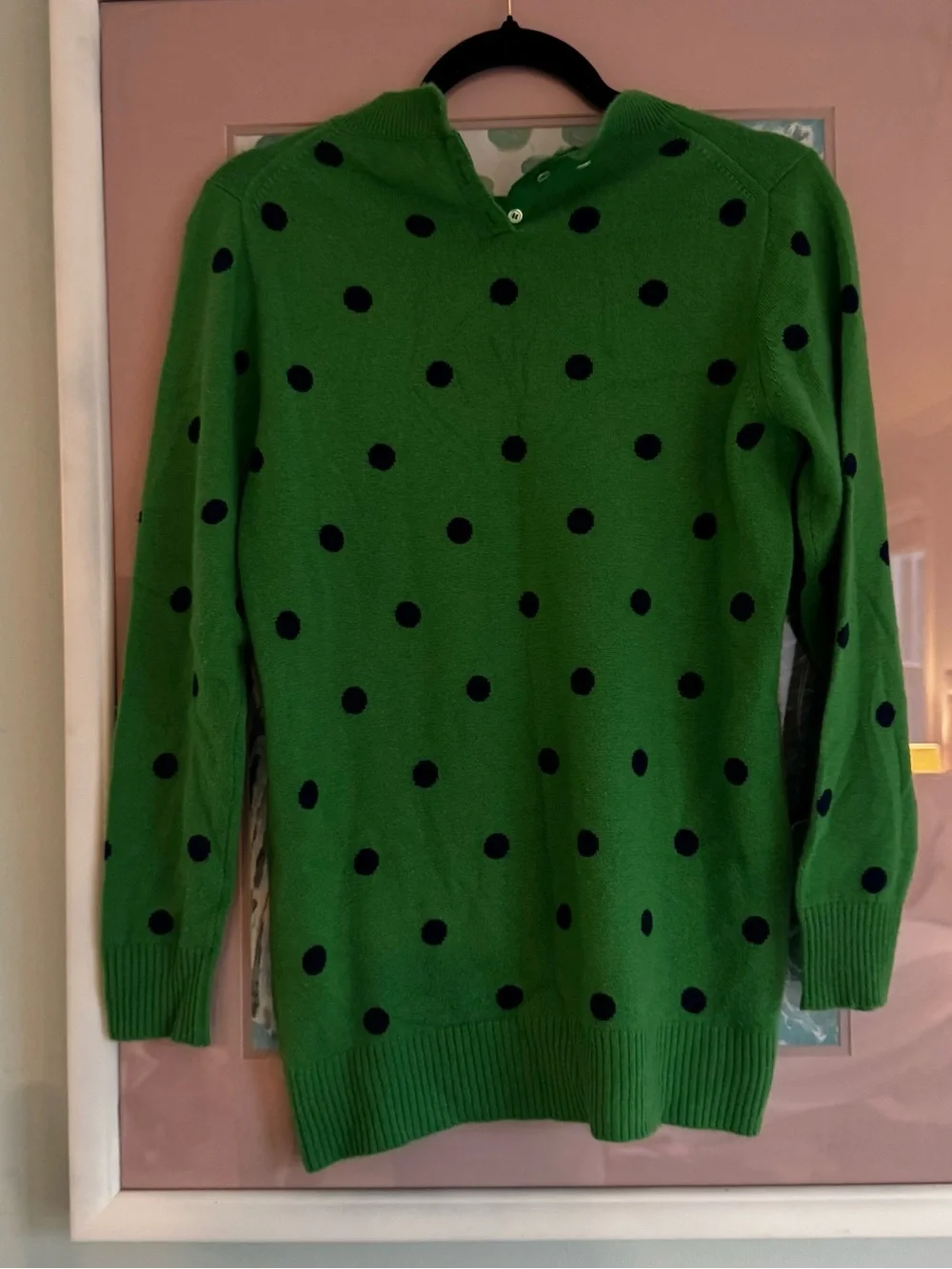J. Crew Green Crewneck Sweater with Navy Polka Dots
